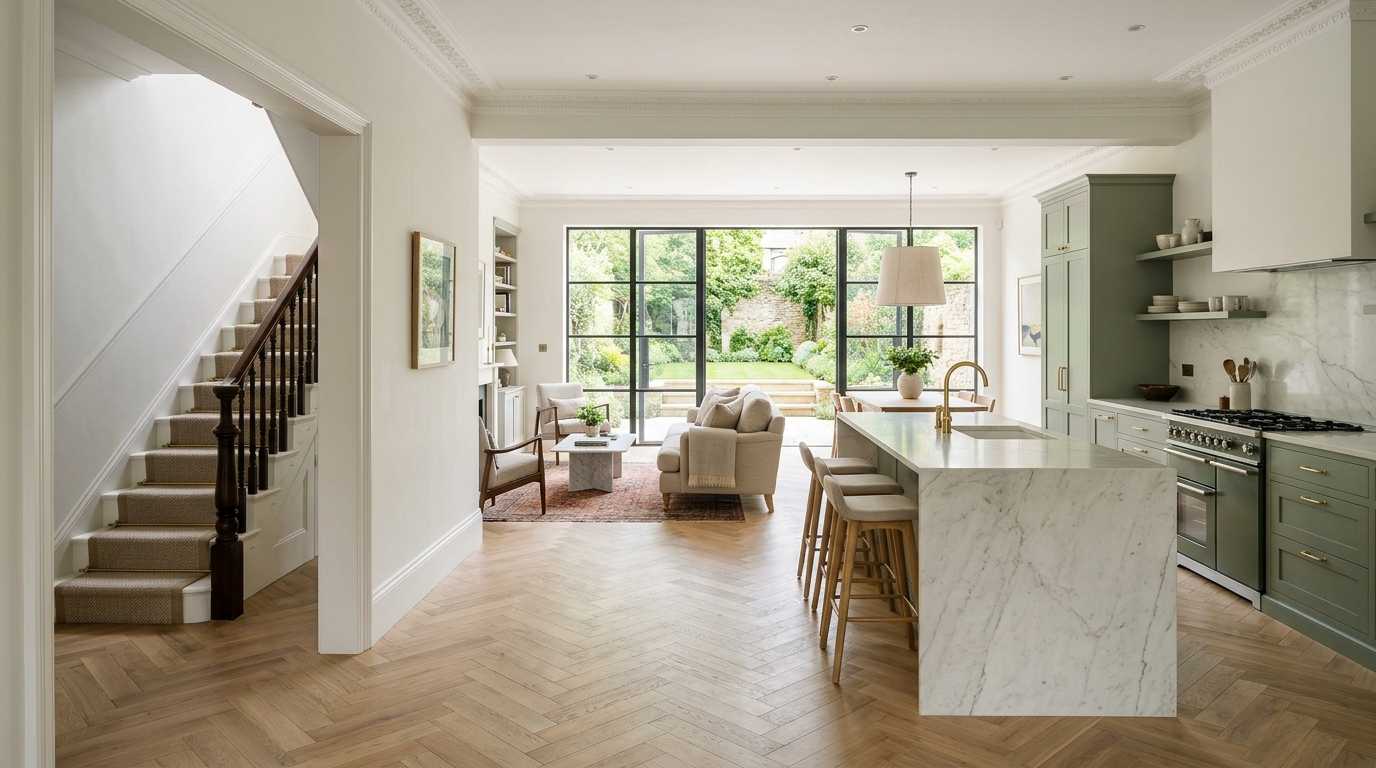 Completed whole-house luxury renovation in North Oxford featuring bespoke shaker kitchen with marble island, restored period staircase, and oak herringbone flooring completed by Crawford Construction