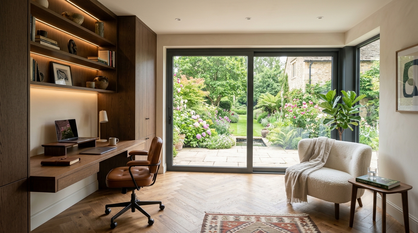 High-end garage conversion in Oxford transformed into a bright luxury home office and studio with bespoke joinery and full-height glazing completed by Crawford Construction