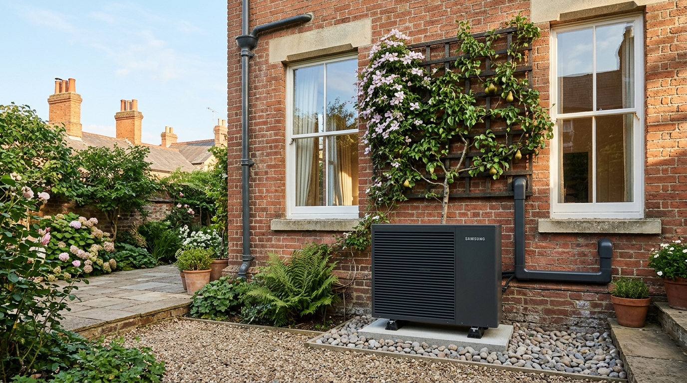 Contemporary monobloc air source heat pump installed in an Oxford Victorian townhouse courtyard garden